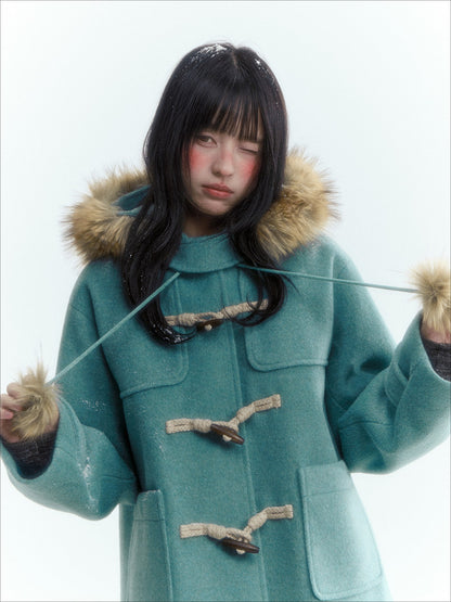 Horridale - Preppy Hooded Wool-Blend Duffle Coat with Pom-Pom Details – Blue Green