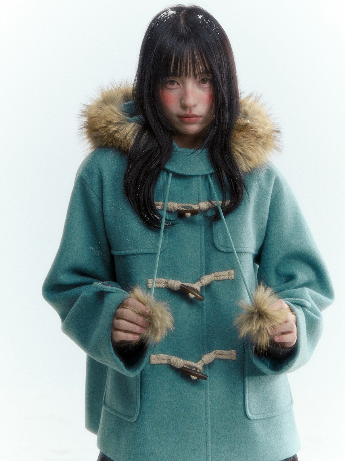 Horridale - Preppy Hooded Wool-Blend Duffle Coat with Pom-Pom Details – Blue Green