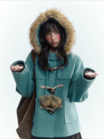 Horridale - Preppy Hooded Wool-Blend Duffle Coat with Pom-Pom Details – Blue Green