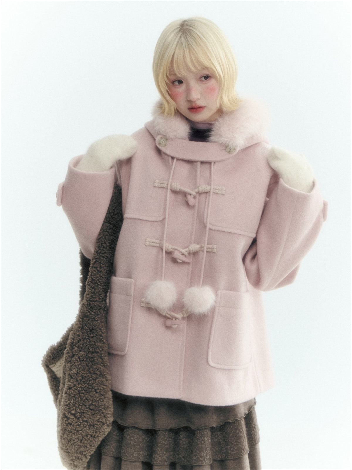 Horridale - Preppy Hooded Wool-Blend Duffle Coat with Pom-Pom Details – Mist Pink