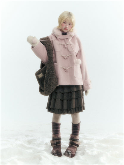 Horridale - Preppy Hooded Wool-Blend Duffle Coat with Pom-Pom Details – Mist Pink