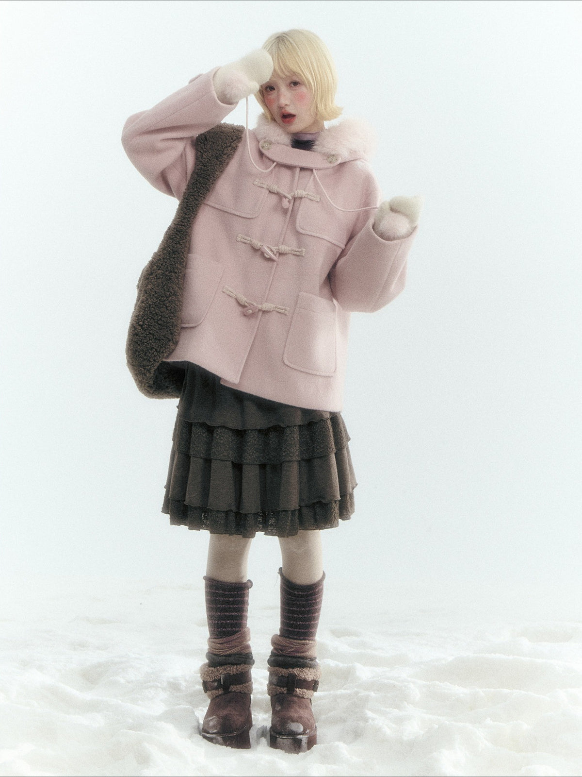 Horridale - Preppy Hooded Wool-Blend Duffle Coat with Pom-Pom Details – Mist Pink