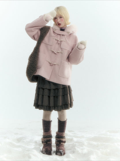 Horridale - Preppy Hooded Wool-Blend Duffle Coat with Pom-Pom Details – Mist Pink