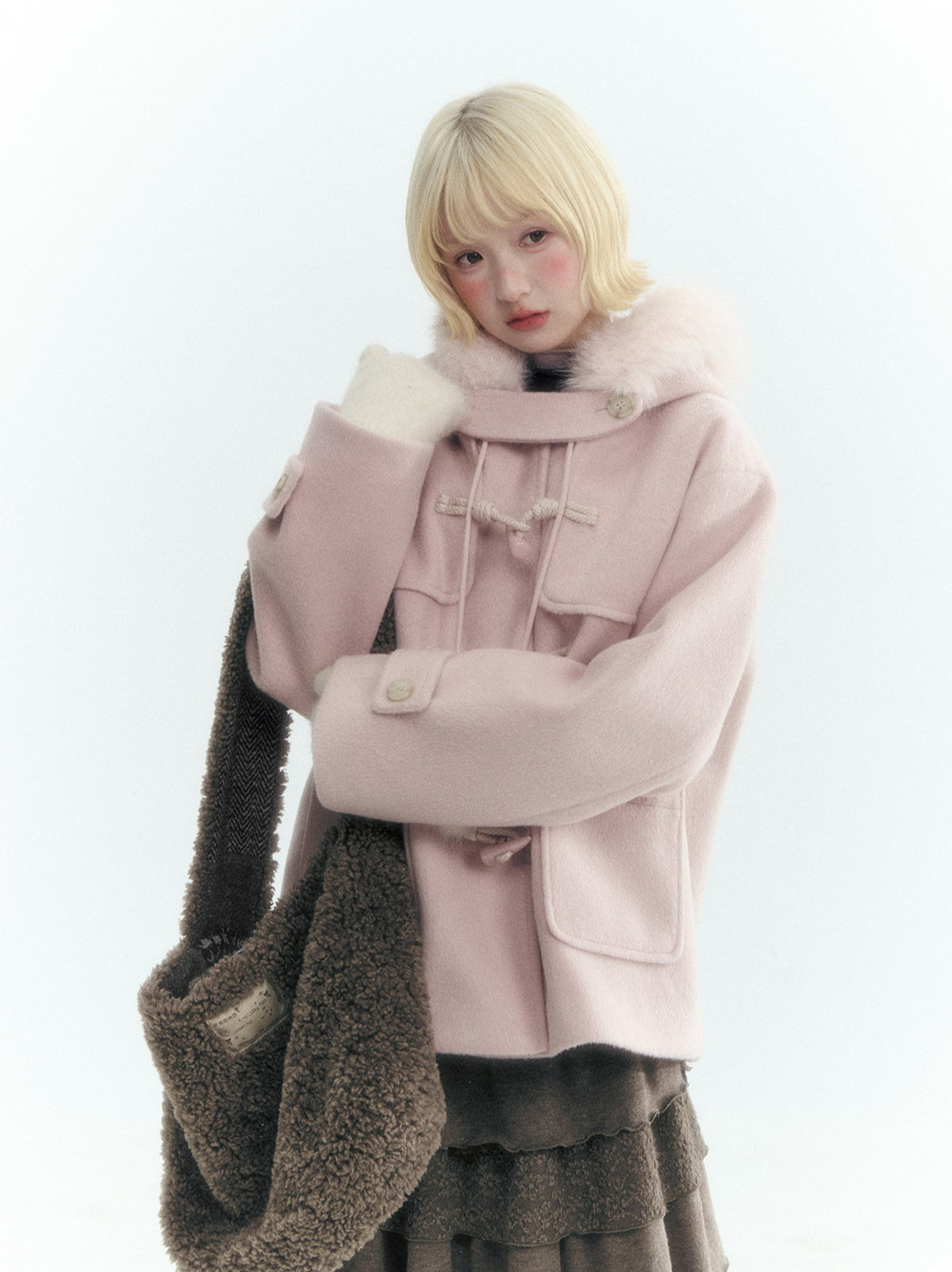 Horridale - Preppy Hooded Wool-Blend Duffle Coat with Pom-Pom Details – Mist Pink