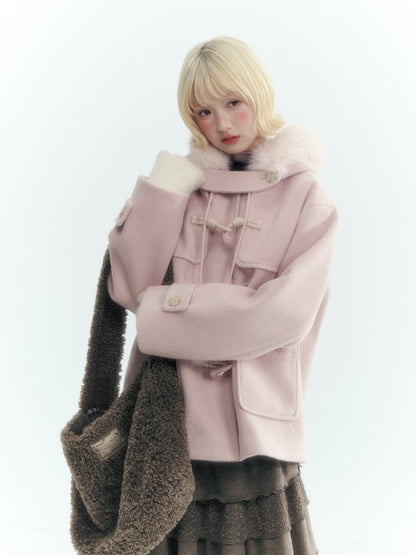 Horridale - Preppy Hooded Wool-Blend Duffle Coat with Pom-Pom Details – Mist Pink