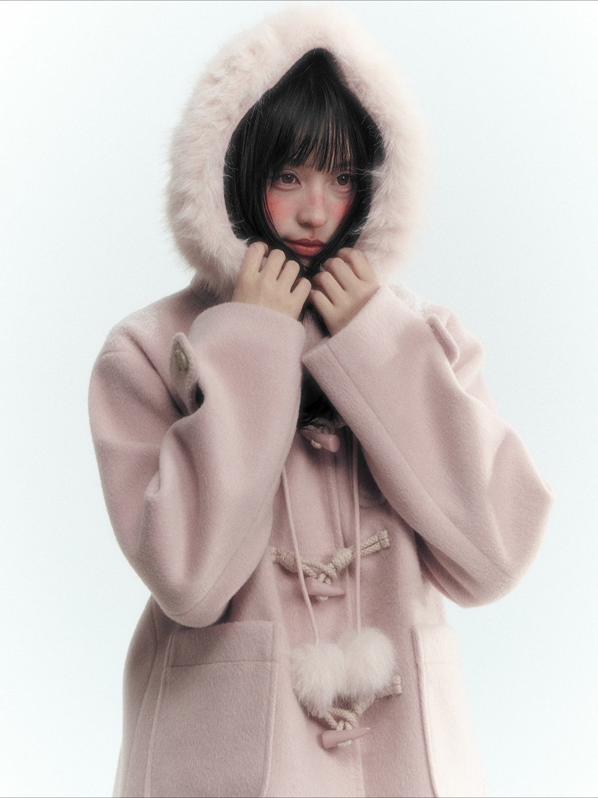 Horridale - Preppy Hooded Wool-Blend Duffle Coat with Pom-Pom Details – Mist Pink