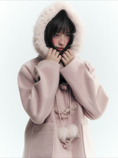 Horridale - Preppy Hooded Wool-Blend Duffle Coat with Pom-Pom Details – Mist Pink