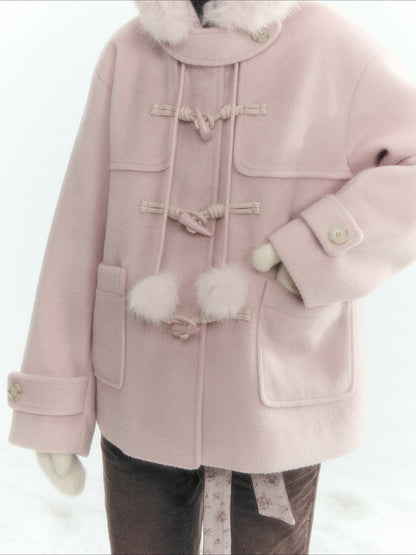Horridale - Preppy Hooded Wool-Blend Duffle Coat with Pom-Pom Details – Mist Pink