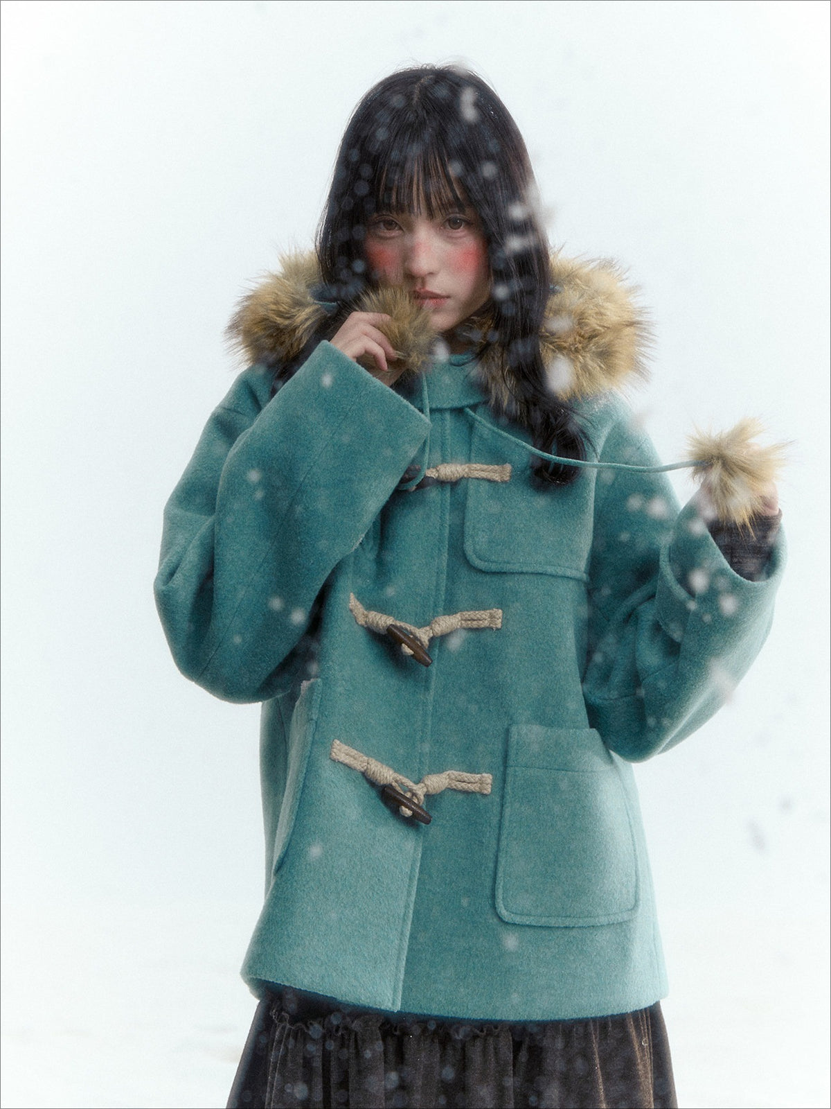 Horridale - Preppy Hooded Wool-Blend Duffle Coat with Pom-Pom Details – Blue Green