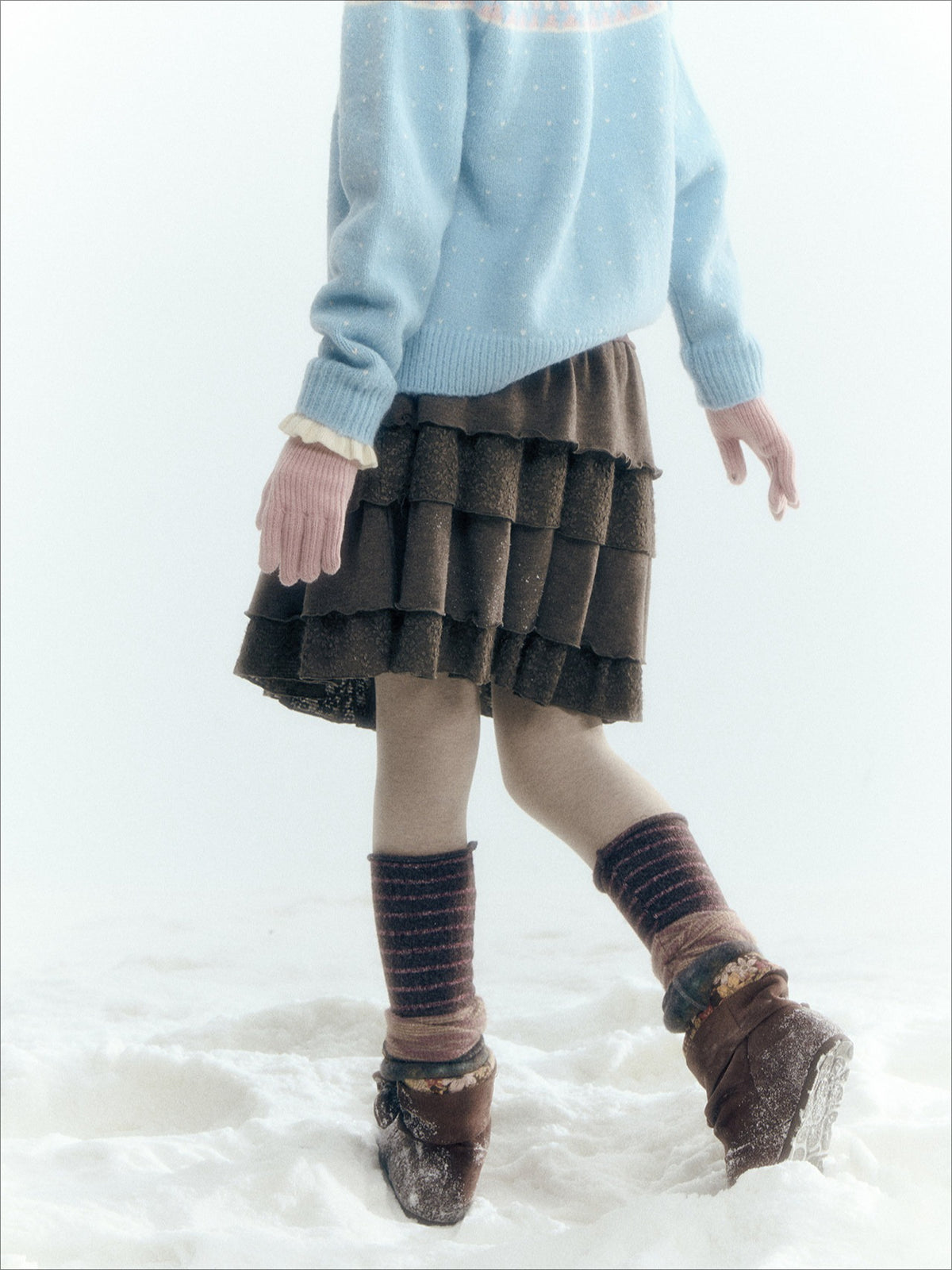 Horridale - Vintage Lace-Trimmed Knit Tiered Midi Skirt – Warm Gray Taupe