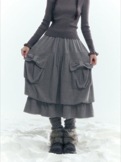 Horridale - Light Gray Pleated Knit Bubble Skirt with Oversized Pockets