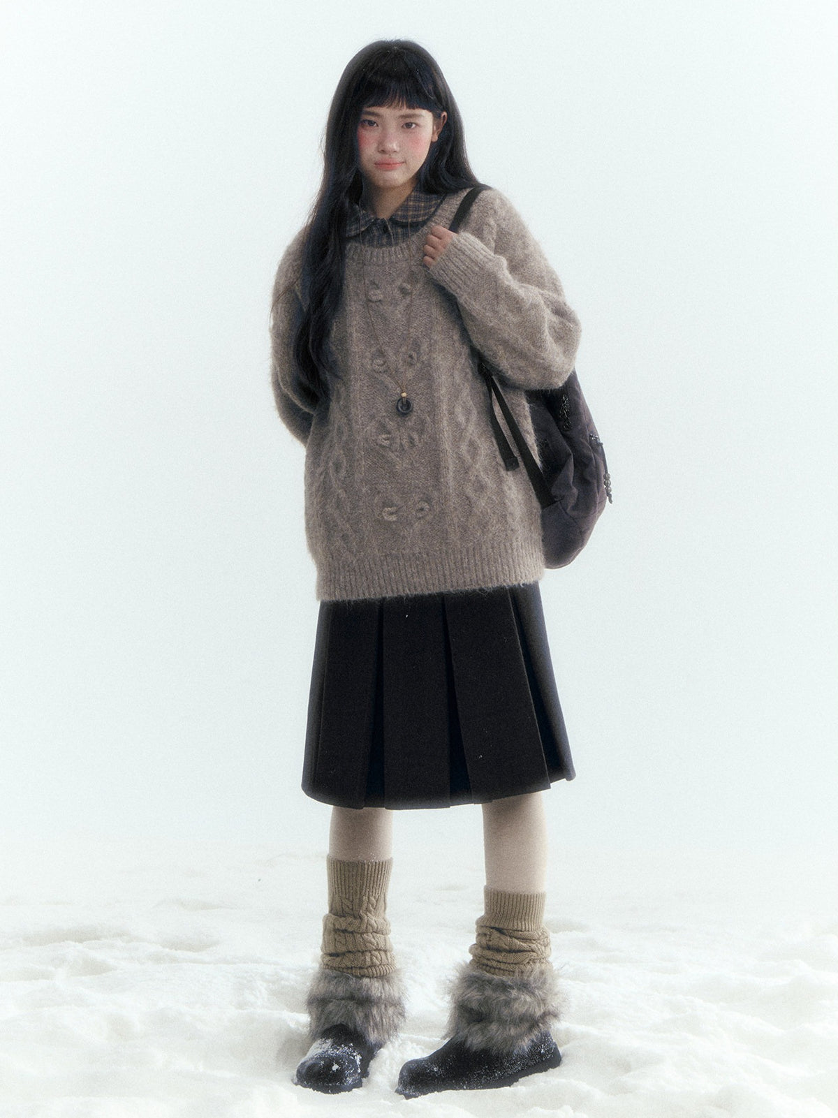 Horridale - Vintage Cable-Knit Heart-Texture Sweater – Smoky Gray
