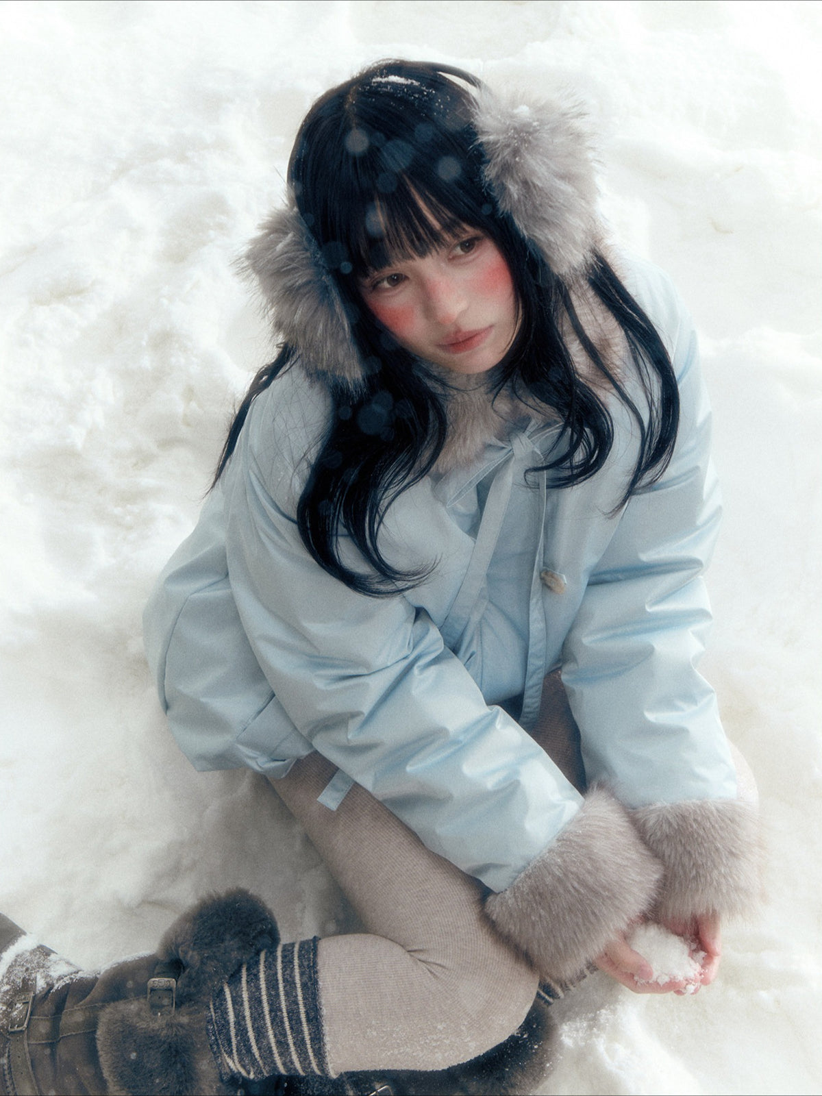 Horridale - Blue Bud-Shaped Faux Fur Collar Parka Down Jacket