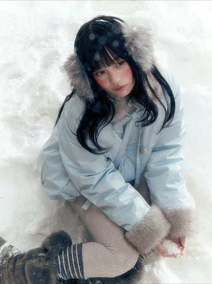 Horridale - Blue Bud-Shaped Faux Fur Collar Parka Down Jacket