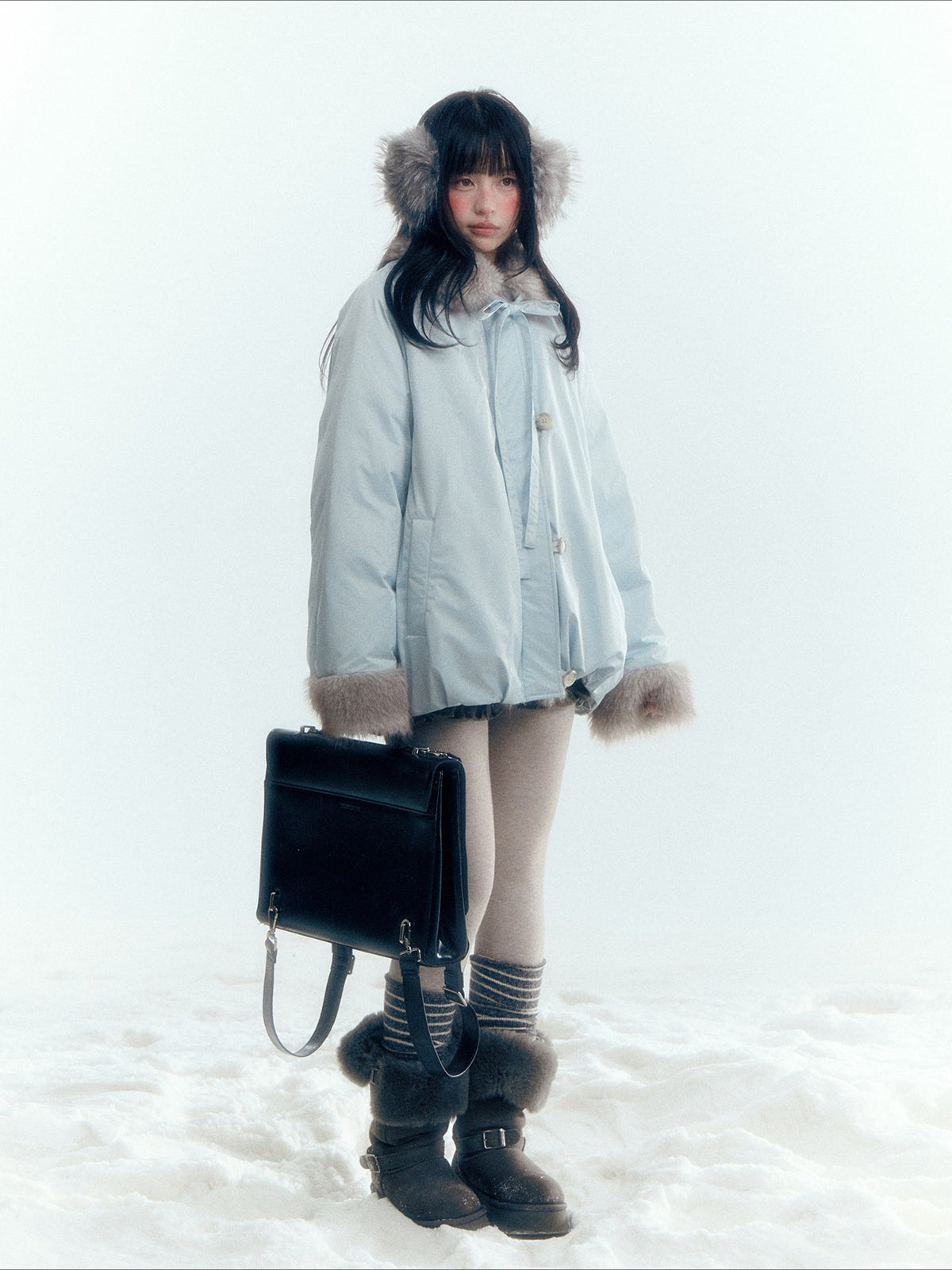 Horridale - Blue Bud-Shaped Faux Fur Collar Parka Down Jacket