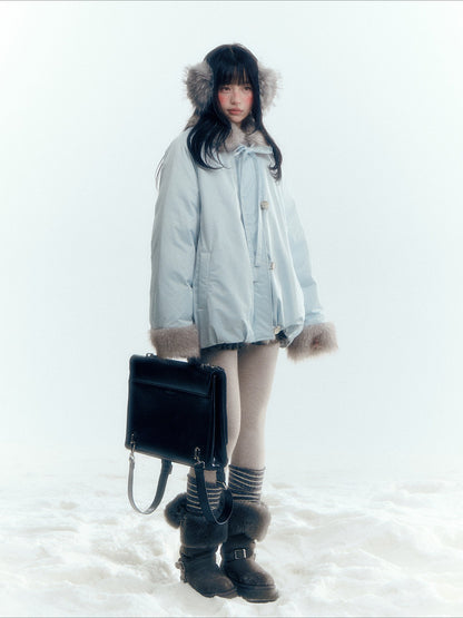 Horridale - Blue Bud-Shaped Faux Fur Collar Parka Down Jacket