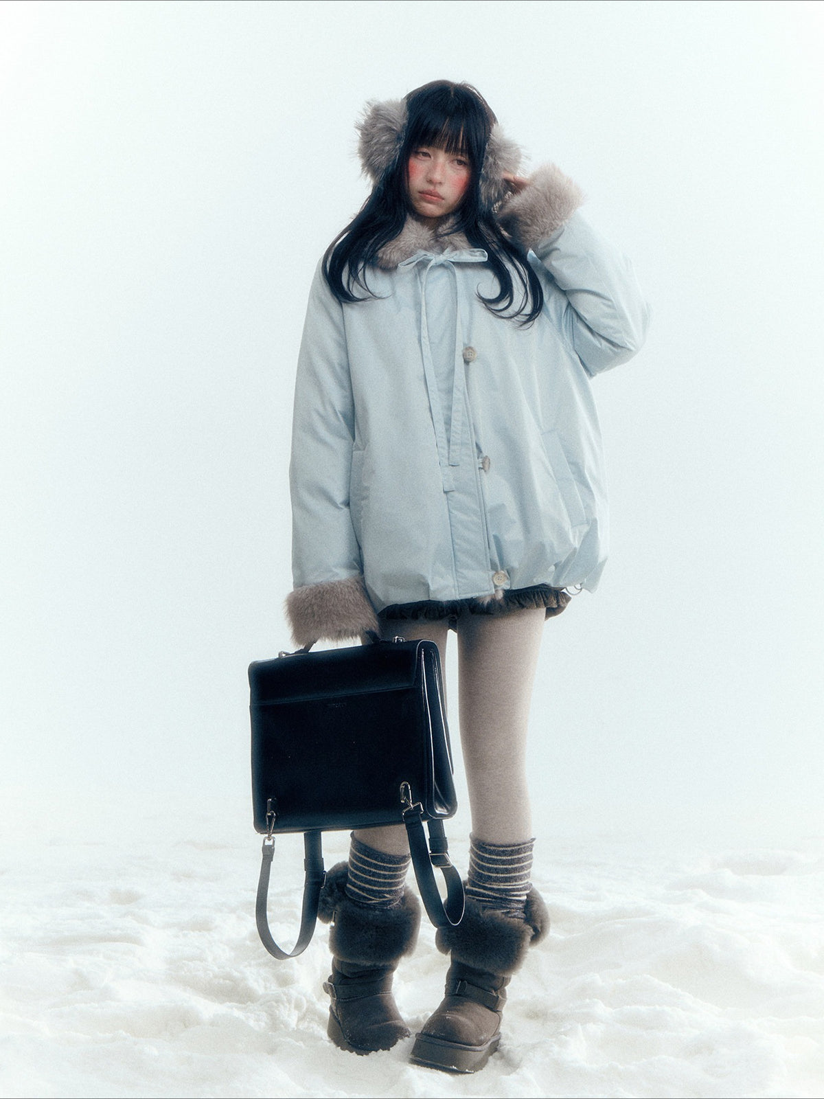 Horridale - Blue Bud-Shaped Faux Fur Collar Parka Down Jacket