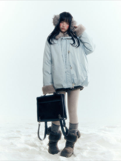 Horridale - Blue Bud-Shaped Faux Fur Collar Parka Down Jacket