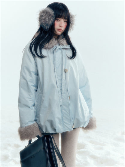 Horridale - Blue Bud-Shaped Faux Fur Collar Parka Down Jacket