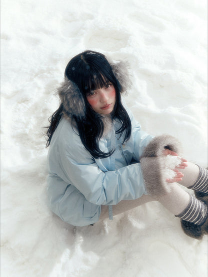 Horridale - Blue Bud-Shaped Faux Fur Collar Parka Down Jacket