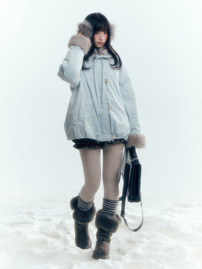 Horridale - Blue Bud-Shaped Faux Fur Collar Parka Down Jacket