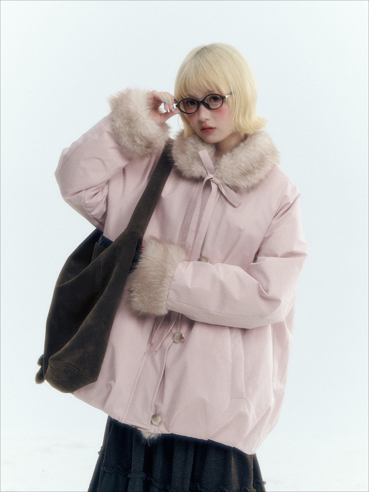 Horridale - Blue Bud-Shaped Faux Fur Collar Parka Down Jacket