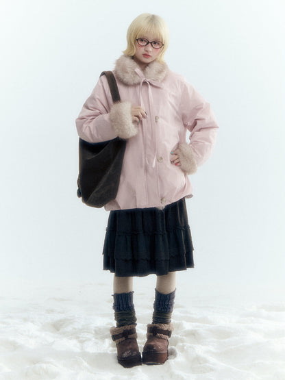 Horridale - Blue Bud-Shaped Faux Fur Collar Parka Down Jacket
