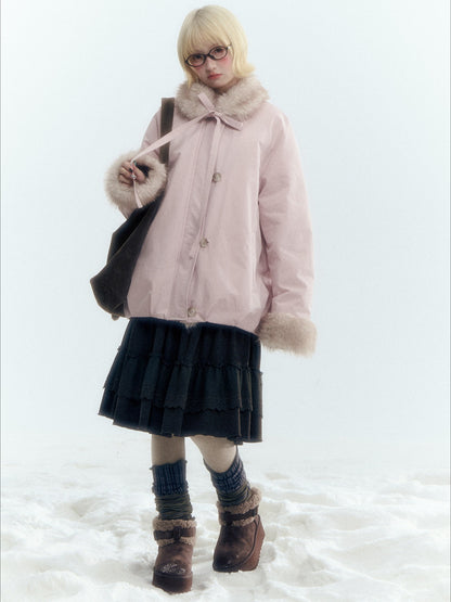 Horridale - Blue Bud-Shaped Faux Fur Collar Parka Down Jacket