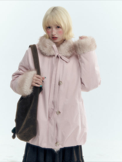 Horridale - Blue Bud-Shaped Faux Fur Collar Parka Down Jacket
