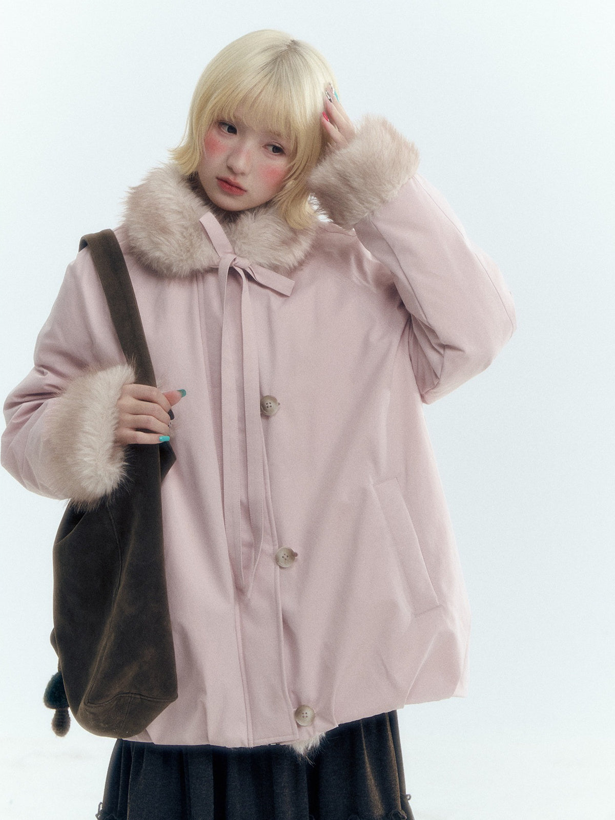 Horridale - Blue Bud-Shaped Faux Fur Collar Parka Down Jacket