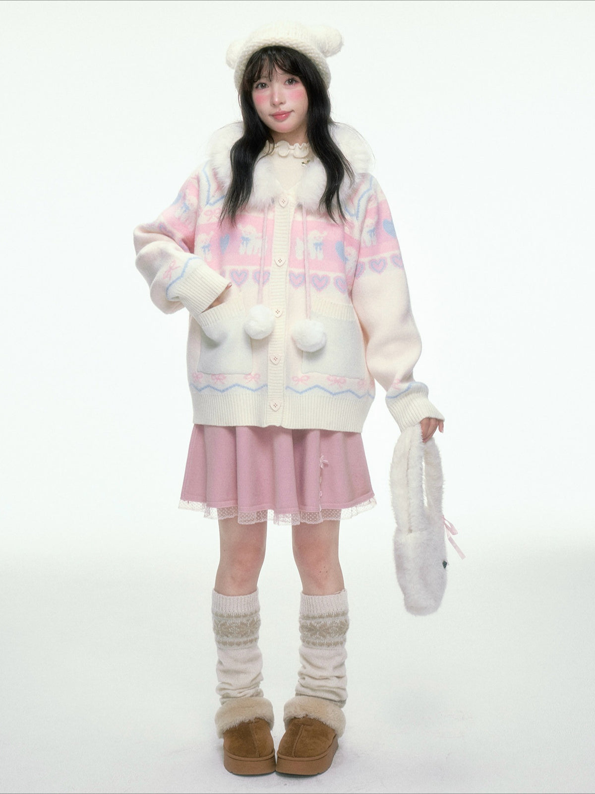 BIBIBENCY - Pink and White Hooded Knit Cardigan with Faux Fur Trim