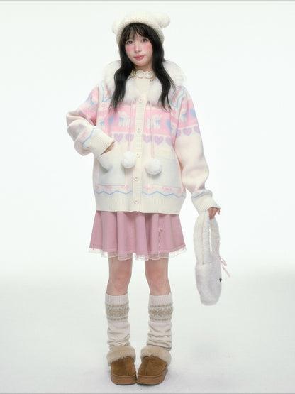 BIBIBENCY - Pink and White Hooded Knit Cardigan with Faux Fur Trim