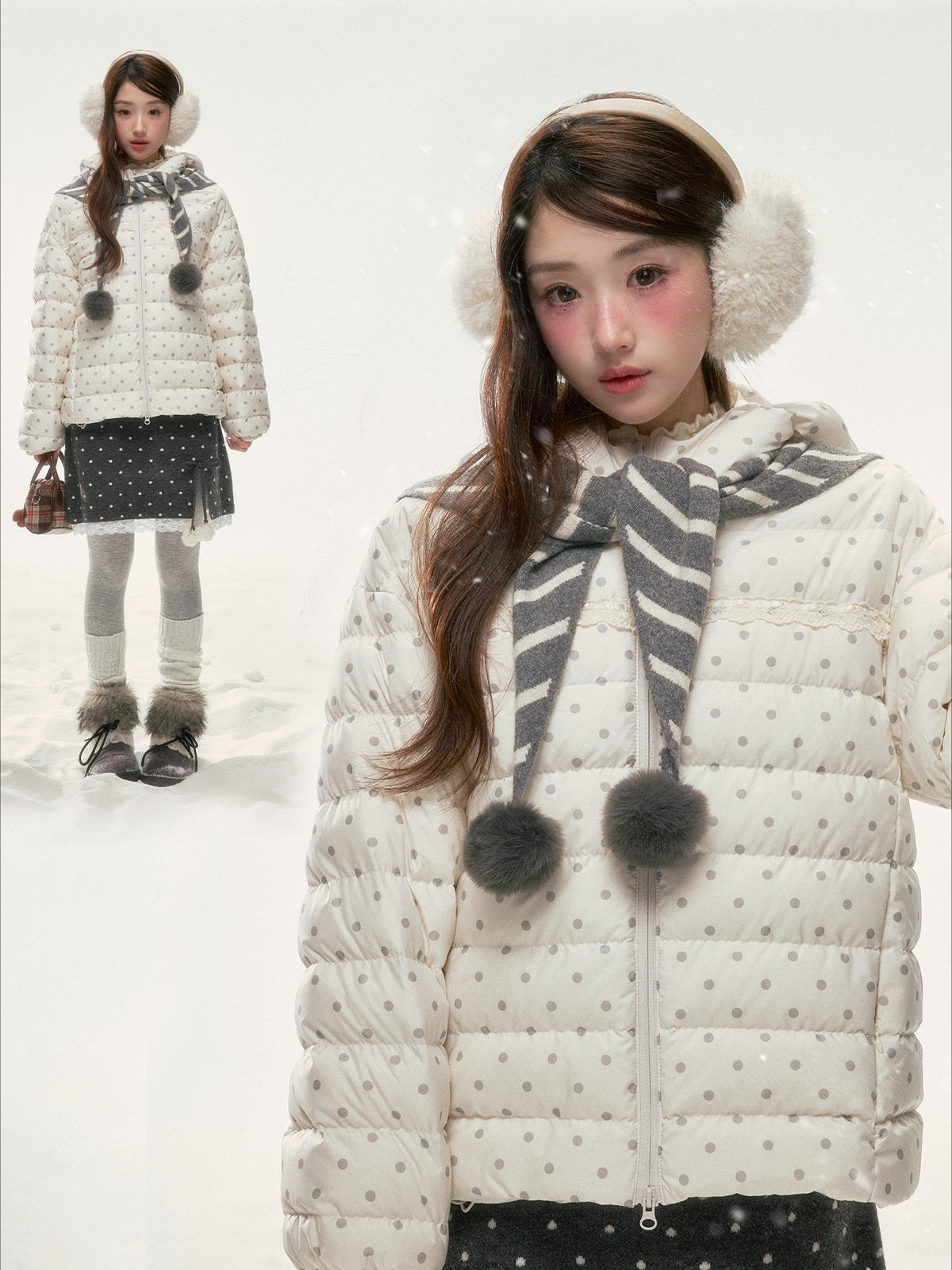 BIBIBENCY - White Polka Dot 90% Duck Down Puffer Jacket