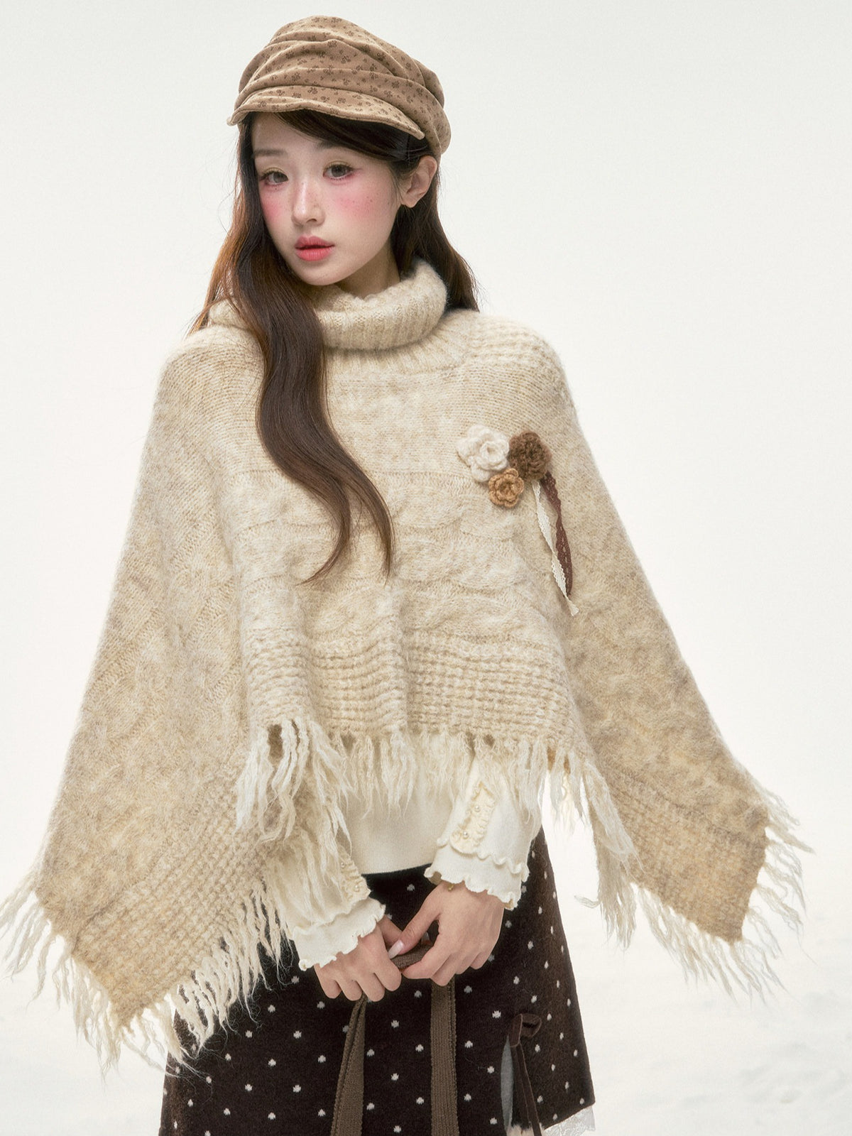 BIBIBENCY - Ivory Knit Cape Shawl with Fringe Trim