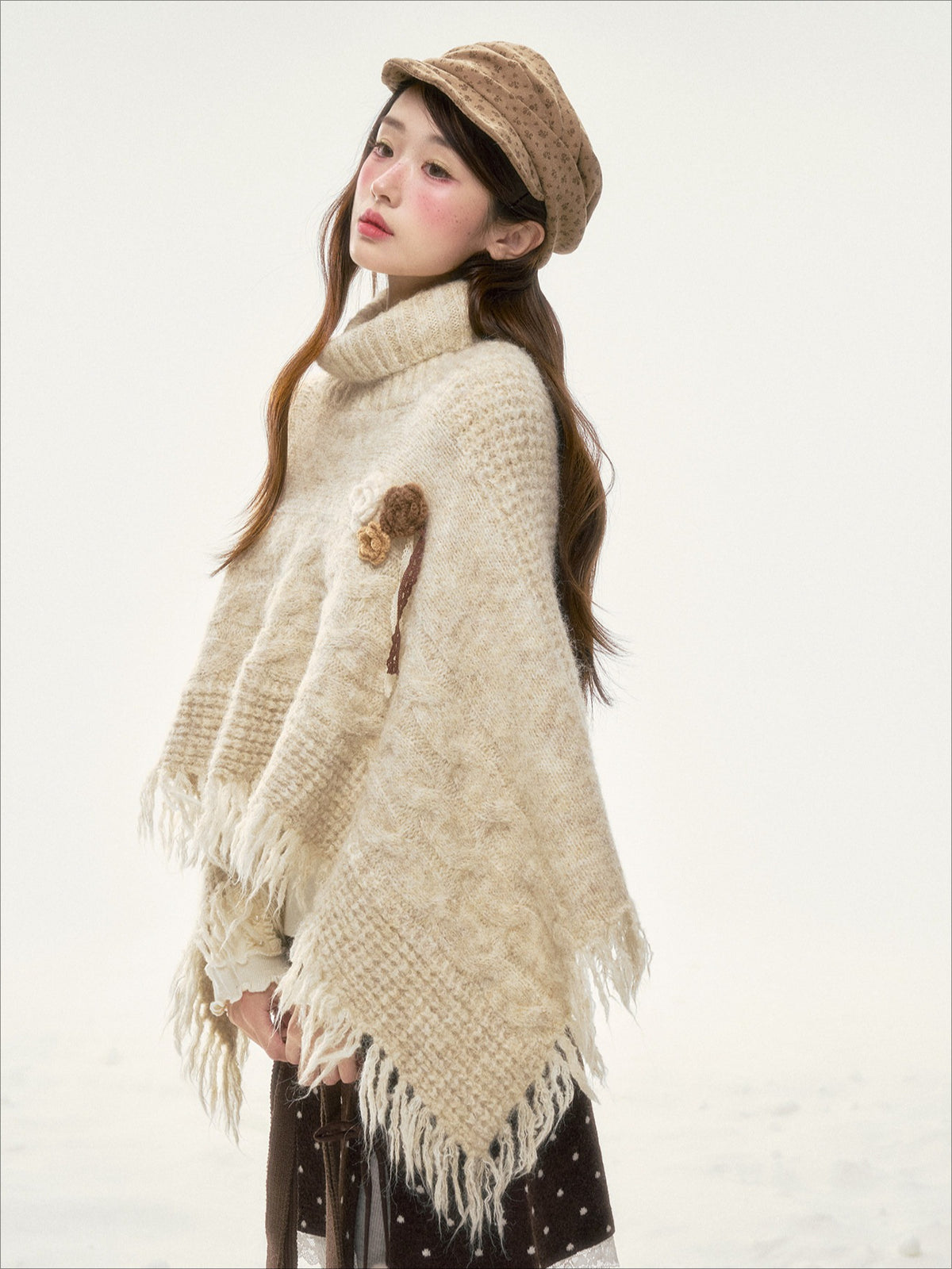 BIBIBENCY - Ivory Knit Cape Shawl with Fringe Trim