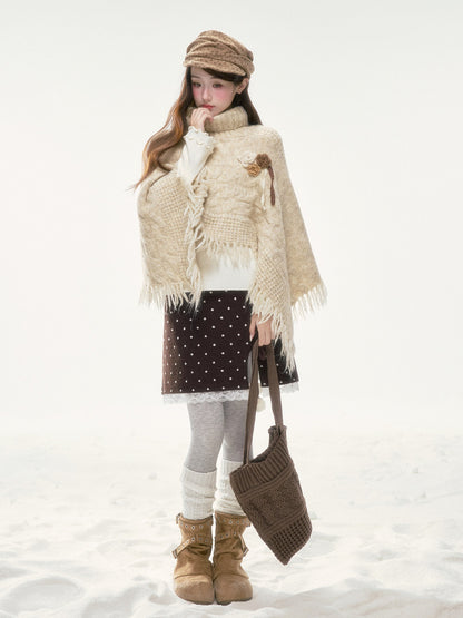 BIBIBENCY - Ivory Knit Cape Shawl with Fringe Trim