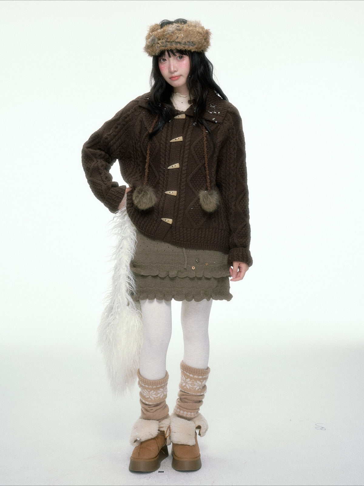 BIBIBENCY - Brown Cable-Knit Cardigan with Toggle Closures