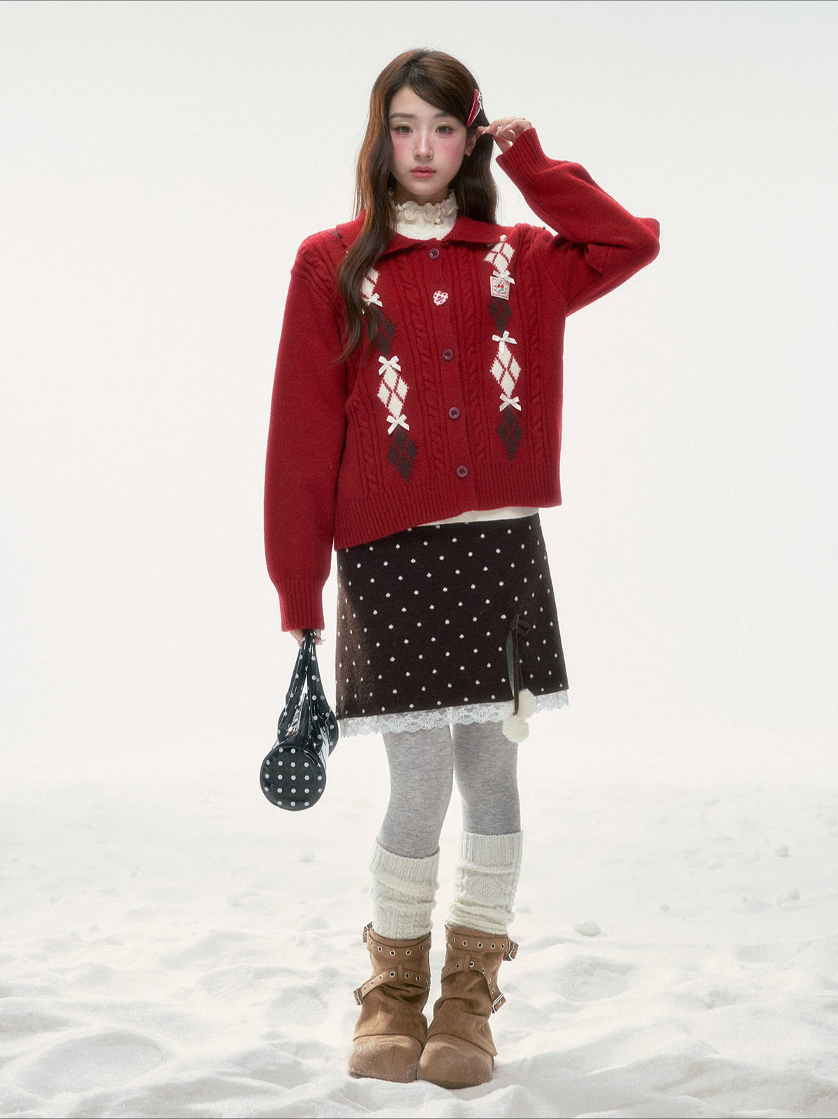 BIBIBENCY - Red Argyle Knit Cardigan with Bow Details