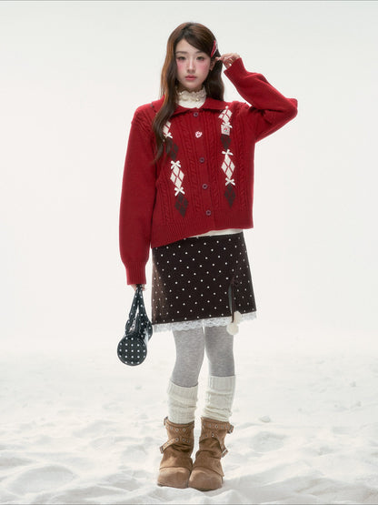 BIBIBENCY - Red Argyle Knit Cardigan with Bow Details