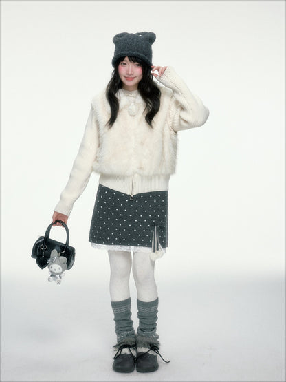 BIBIBENCY - Ivory Faux Fur Vest with Knit Sleeves