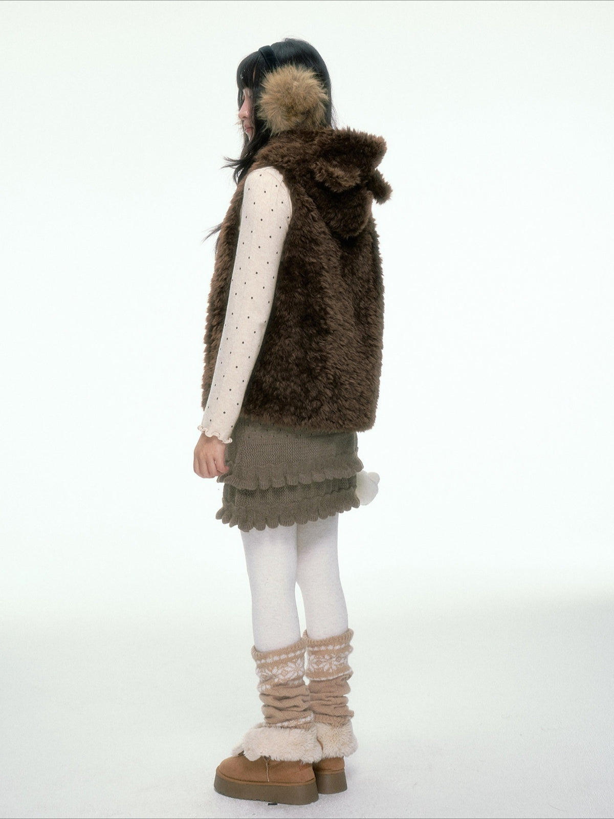 BIBIBENCY - Brown Faux Fur Hooded Vest with Toggle Closures
