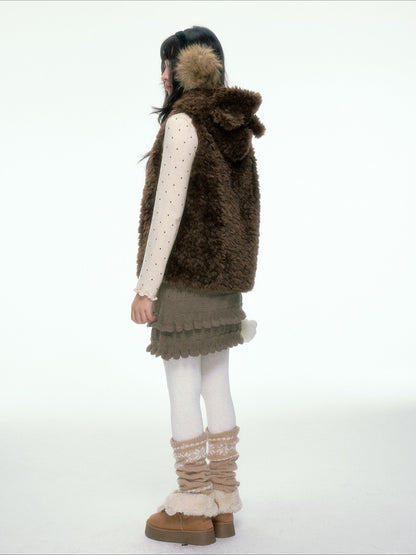 BIBIBENCY - Brown Faux Fur Hooded Vest with Toggle Closures