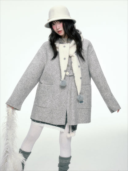 BIBIBENCY - Gray Wool-Blend Single-Breasted Coat (With White Scarf)