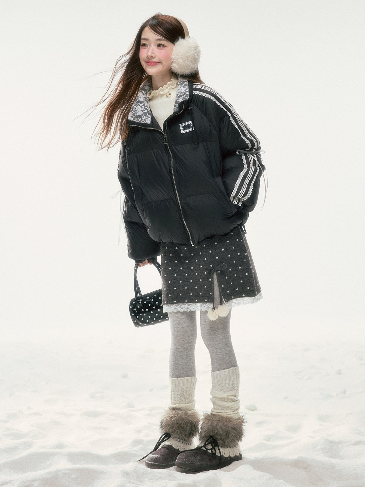 BIBIBENCY - Gray Polka Dot A-Line Knit Skirt with Bow Details