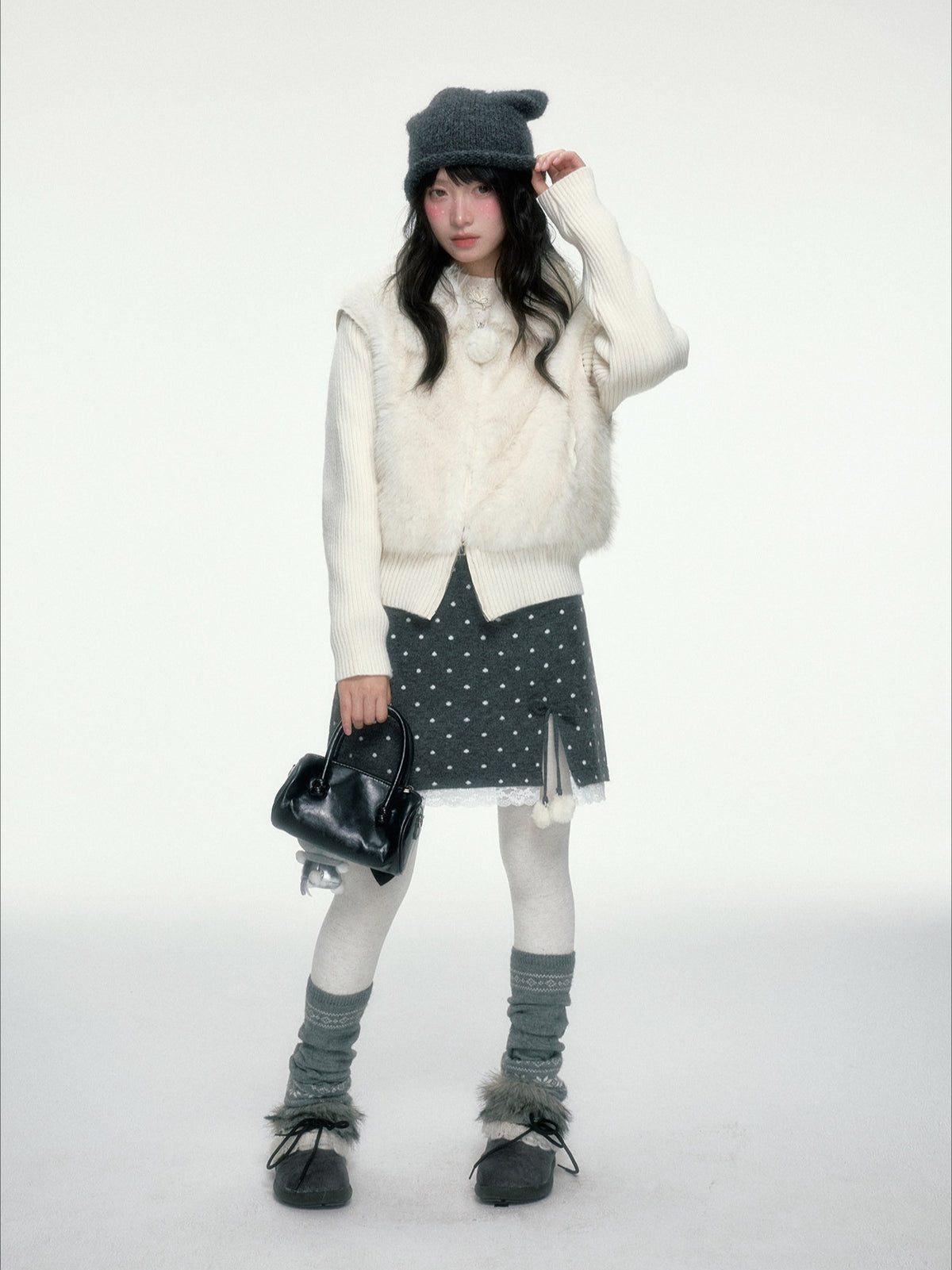 BIBIBENCY - Gray Polka Dot A-Line Knit Skirt with Bow Details