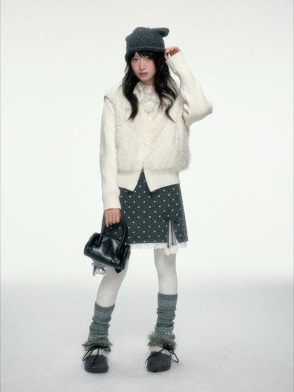 BIBIBENCY - Gray Polka Dot A-Line Knit Skirt with Bow Details