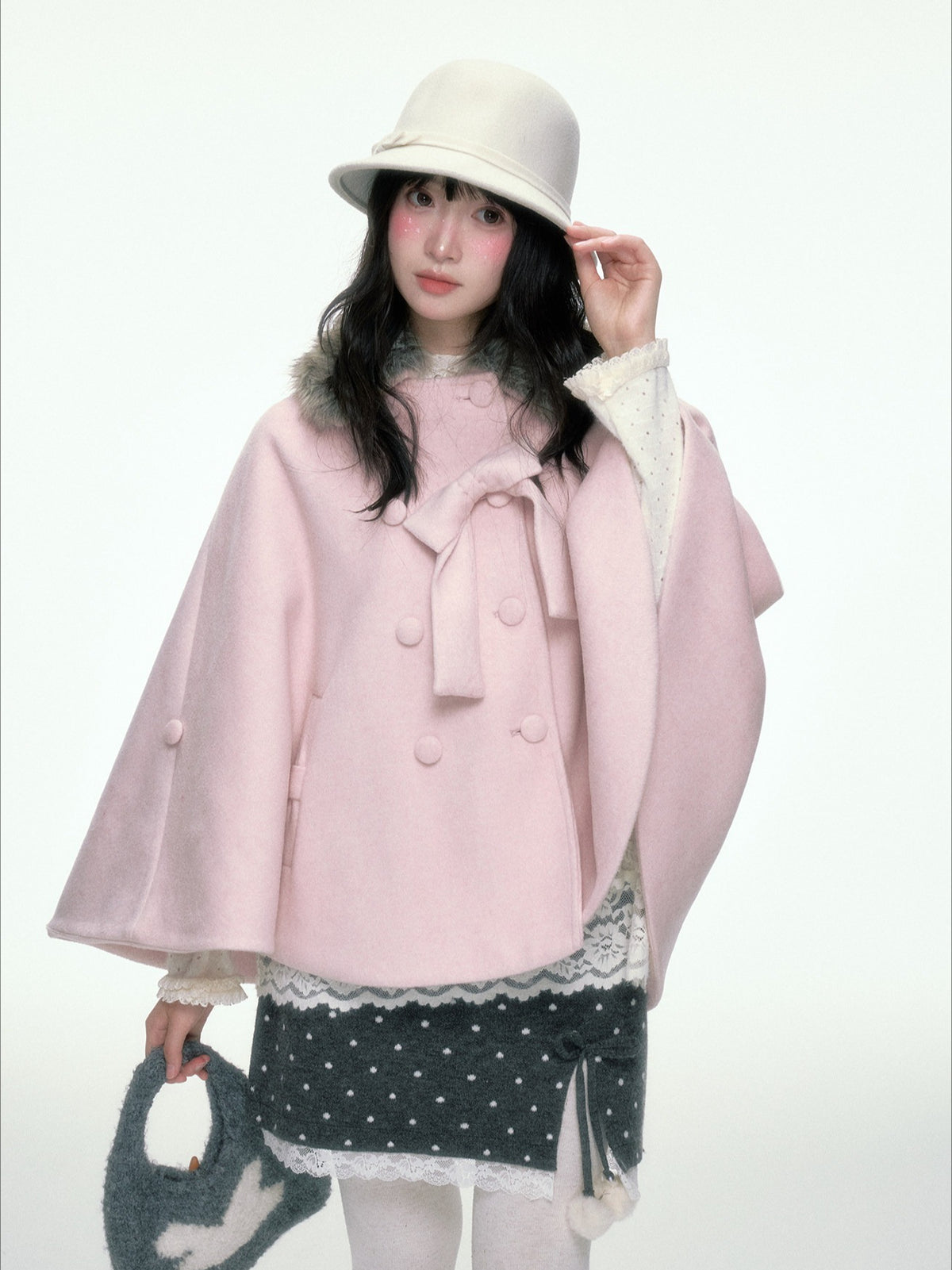 BIBIBENCY - Gray Polka Dot A-Line Knit Skirt with Bow Details