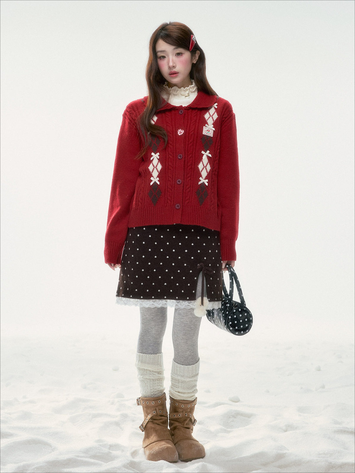 BIBIBENCY - Brown Polka Dot A-Line Knit Skirt with Bow Details
