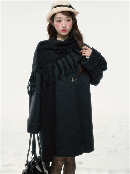 BIBIBENCY - Black Wool-Blend Coat with Detachable Scarf Collar