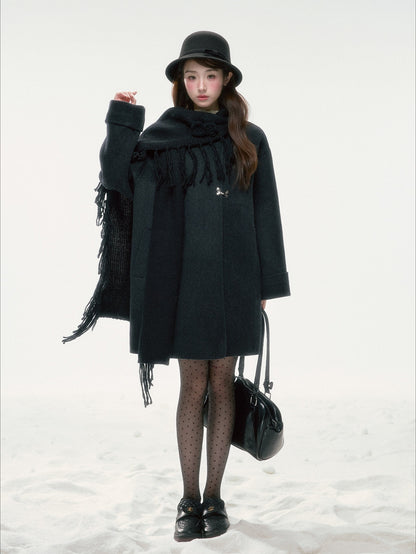 BIBIBENCY - Black Wool-Blend Coat with Detachable Scarf Collar